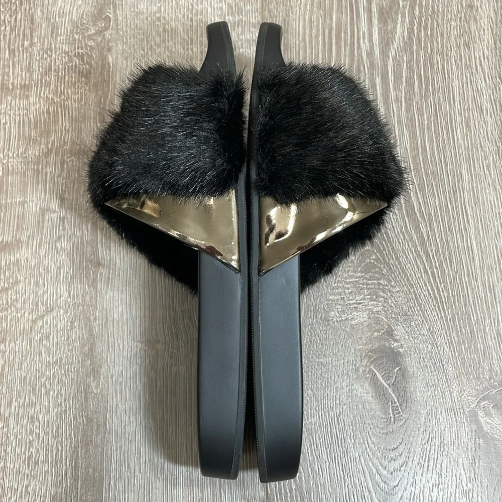 Aldo Gotta Black & Metallic Faux Fur Slide Sandal 7.5